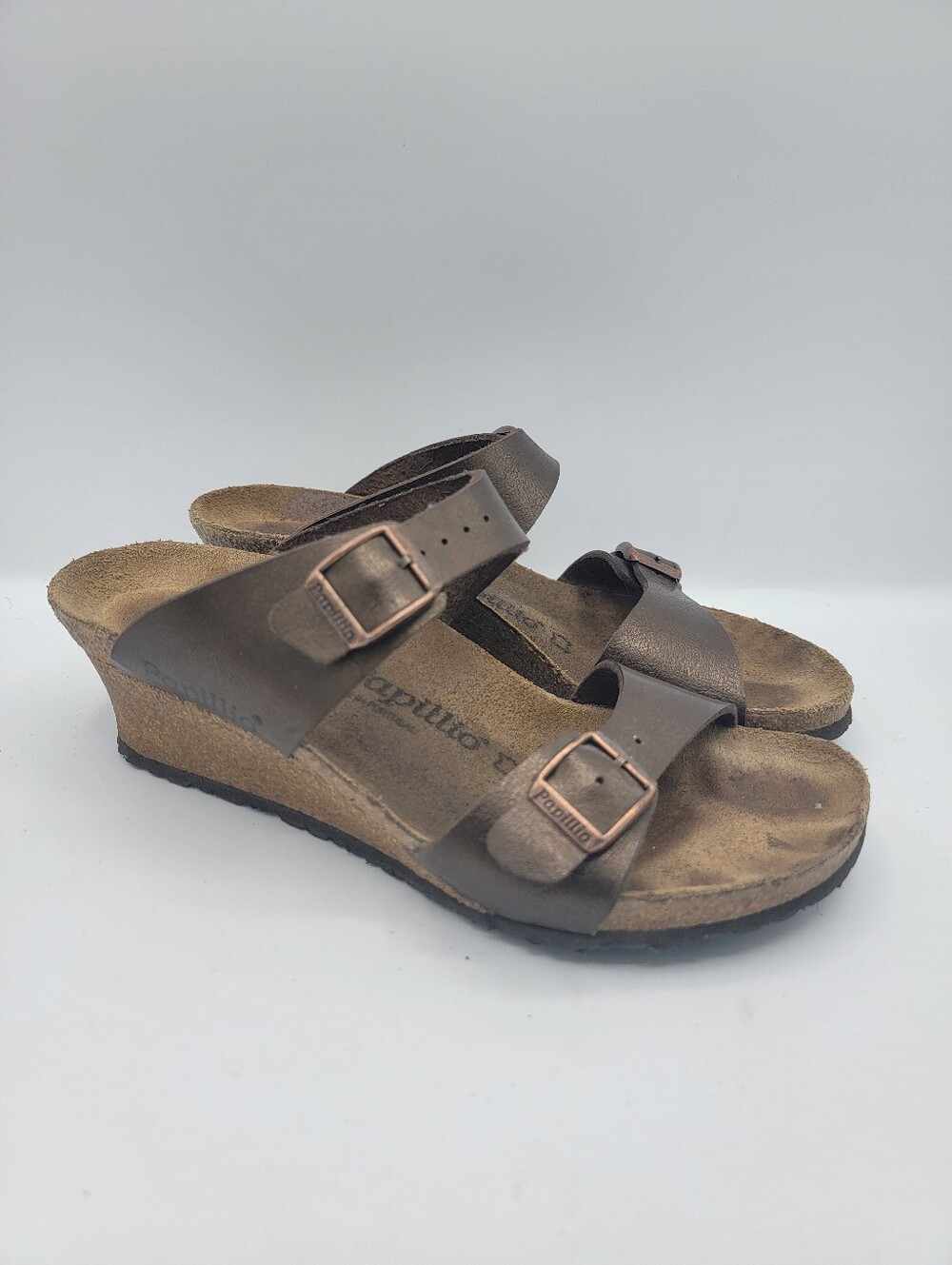 Papillio Brown Double-Strap Wedge Slide Sandals